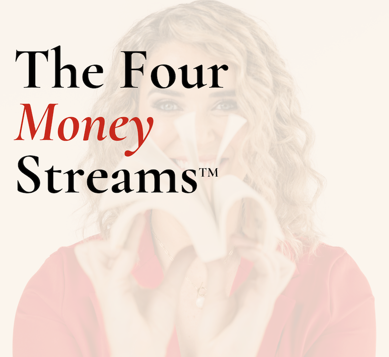 Caitlin with text overlay 'The Four Money Streams' on a plain background
